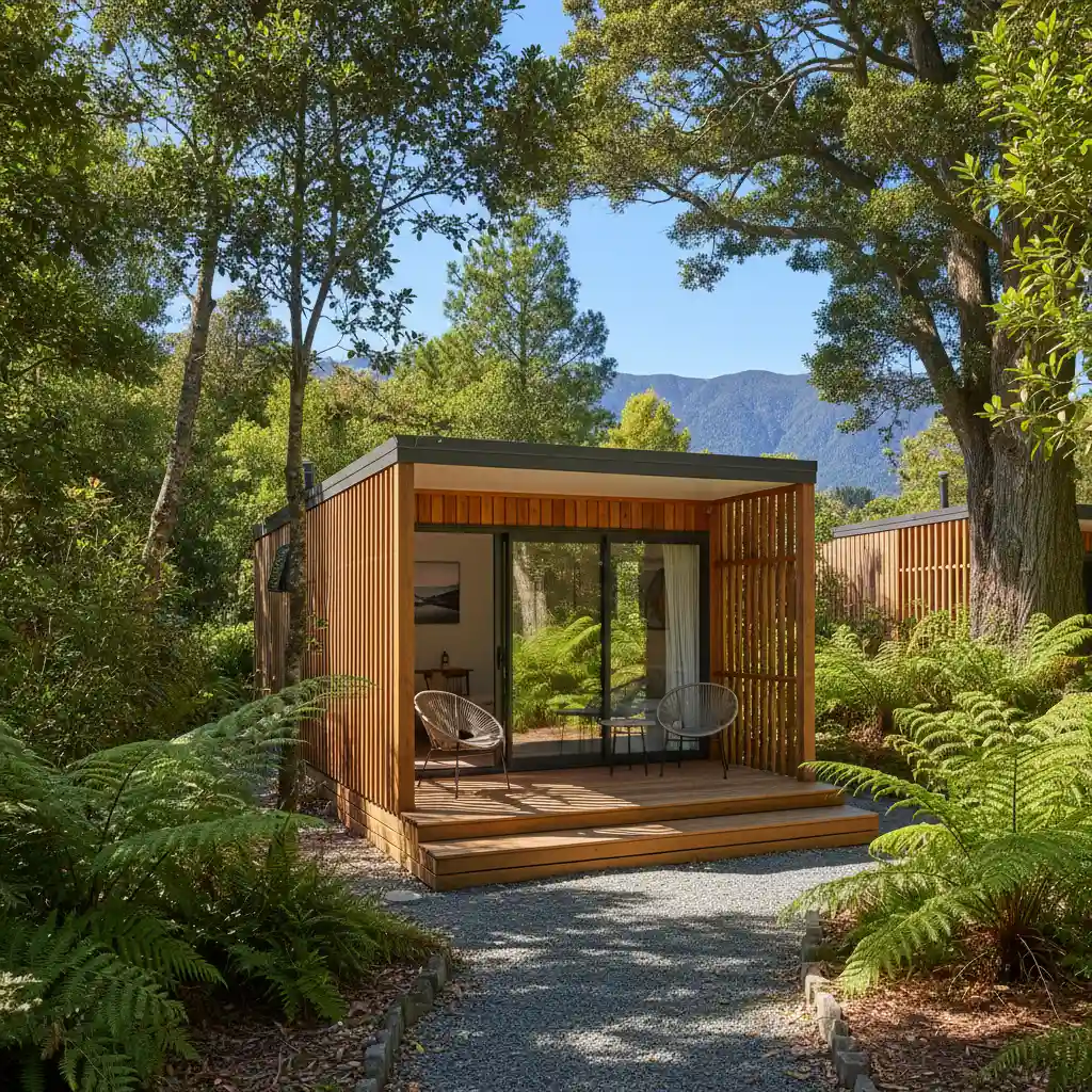 Wooden cabin accommodation at Kawerau Holiday Park