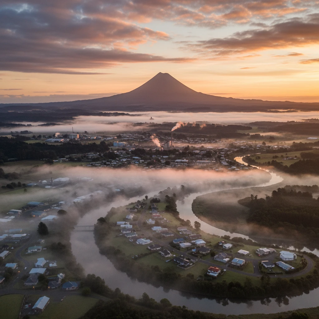 Sunrise over Kawerau highlighting Mount Putauaki and the river mist