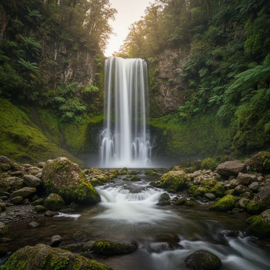 Long exposure photography of Tarawera Falls surrounded by native bush