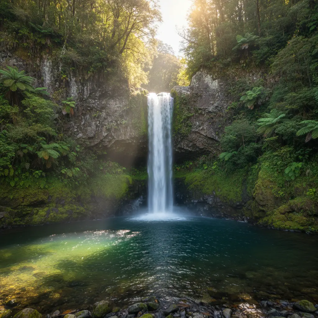 Tarawera Falls cascading from the cliff face in Kawerau