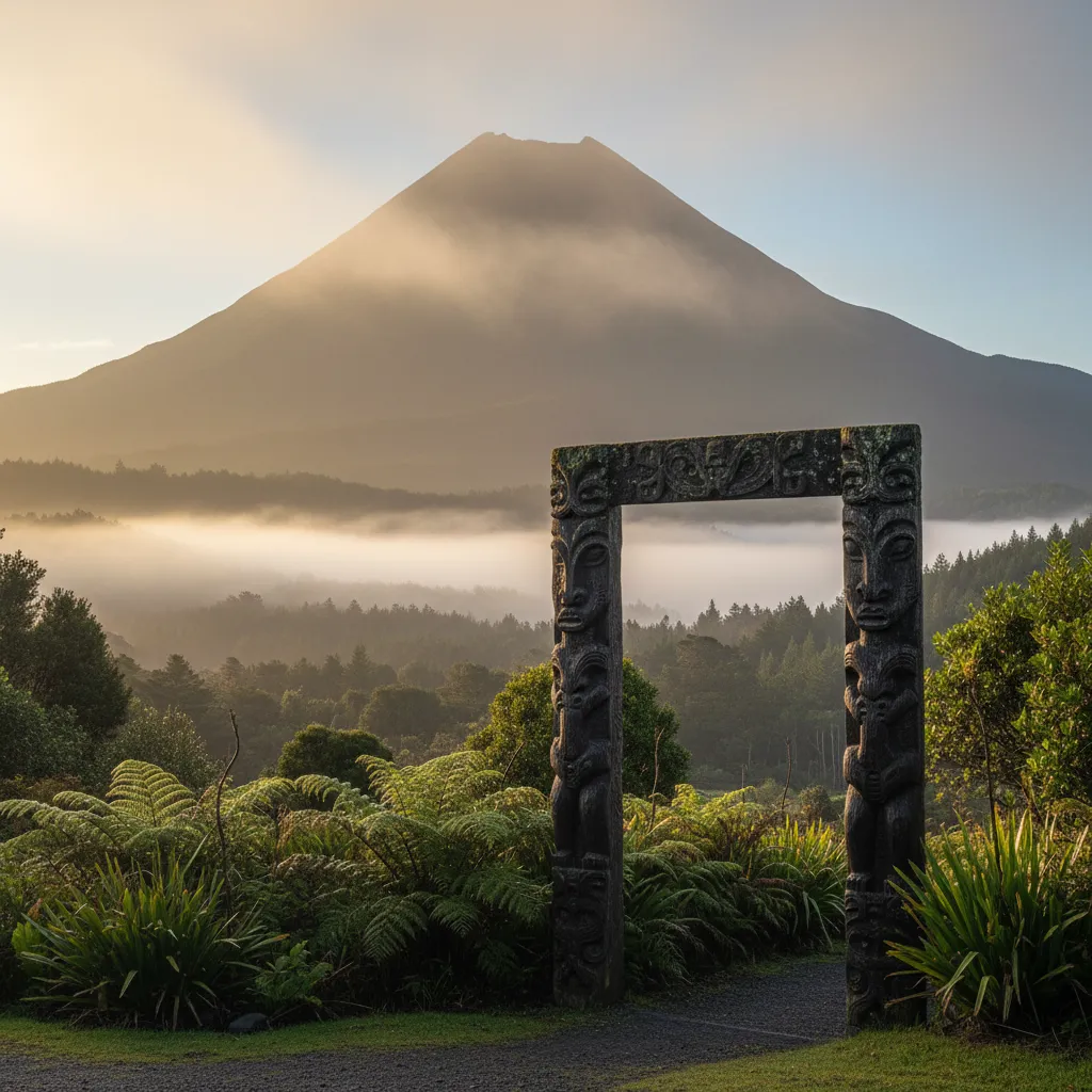 Traditional Māori carving framing the view of Mt Putauaki