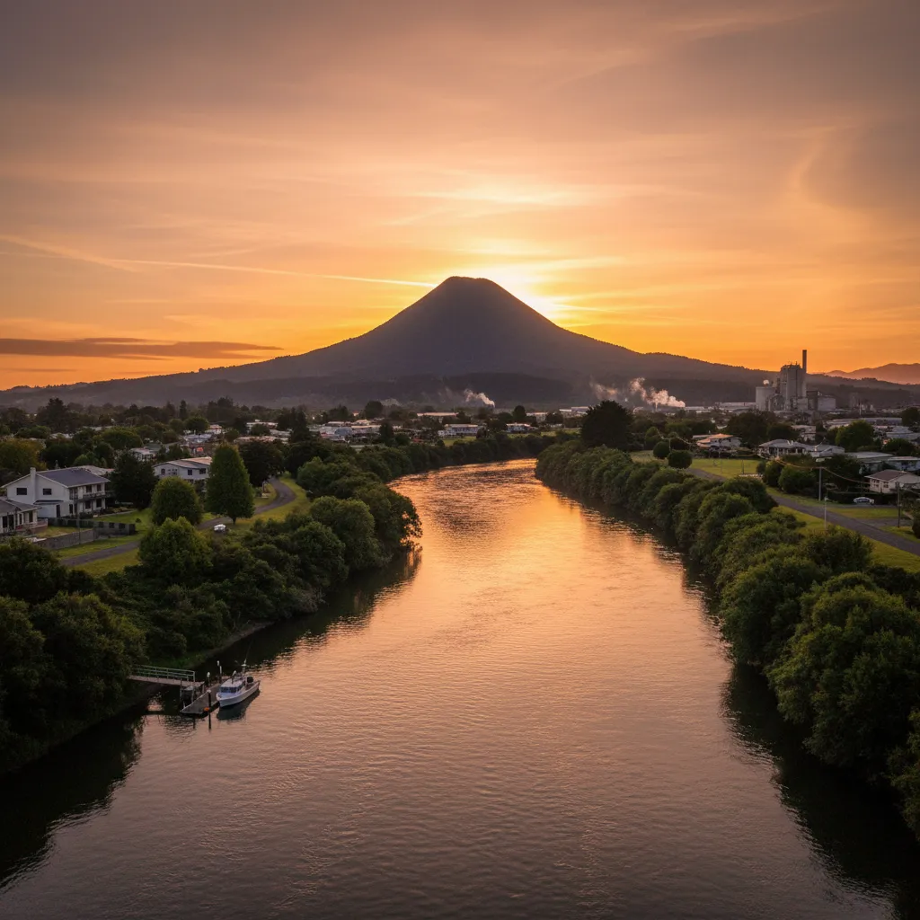 Sunset over the Tarawera River near Mount Putauaki
