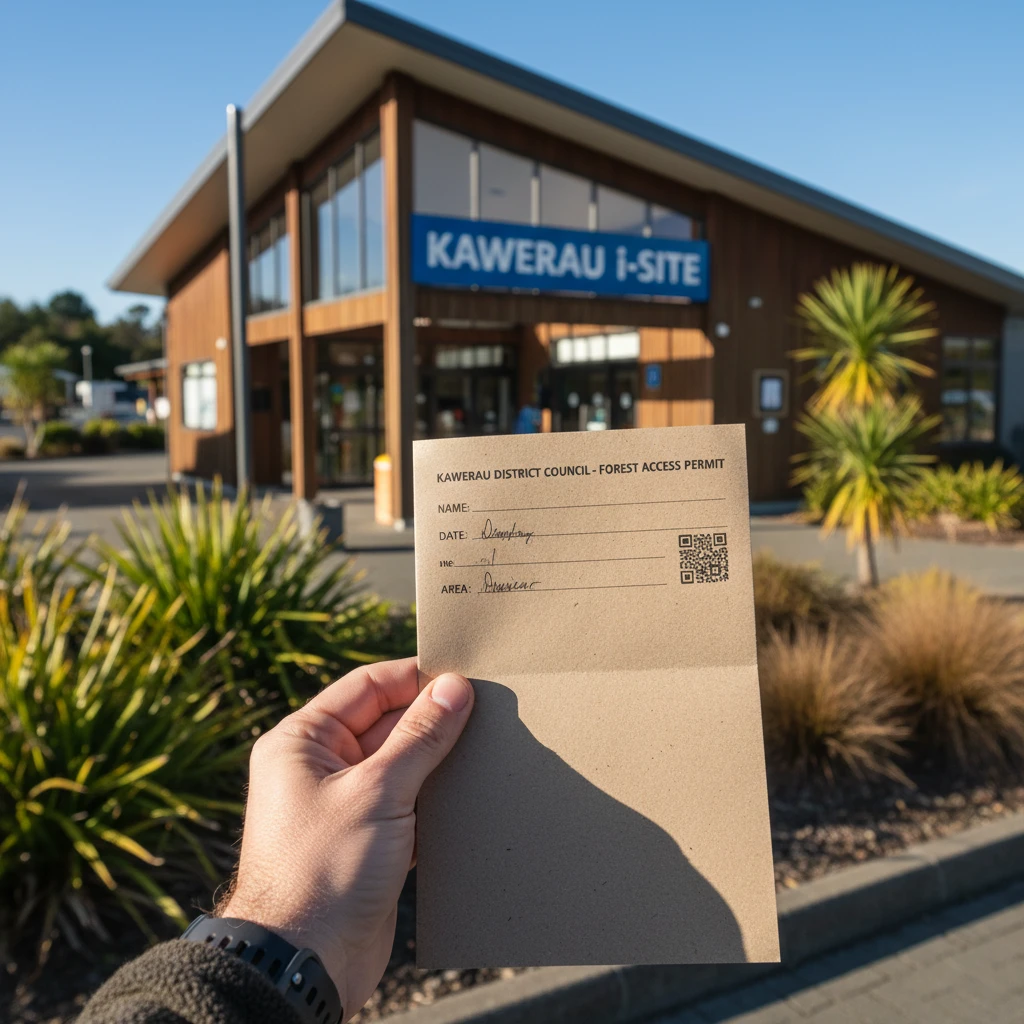 Visitor holding a Tarawera Forest Access Permit outside Kawerau i-SITE