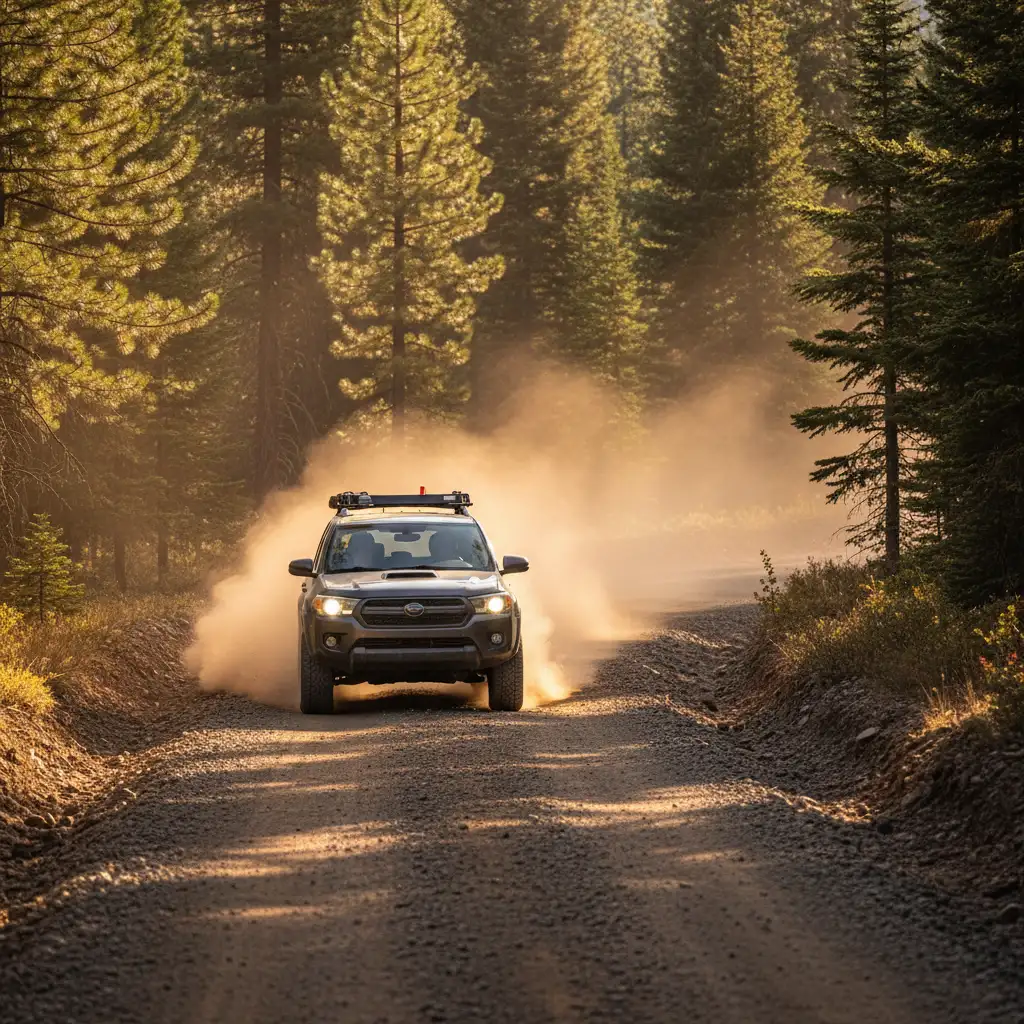 SUV driving on unsealed gravel road in Tarawera Forest