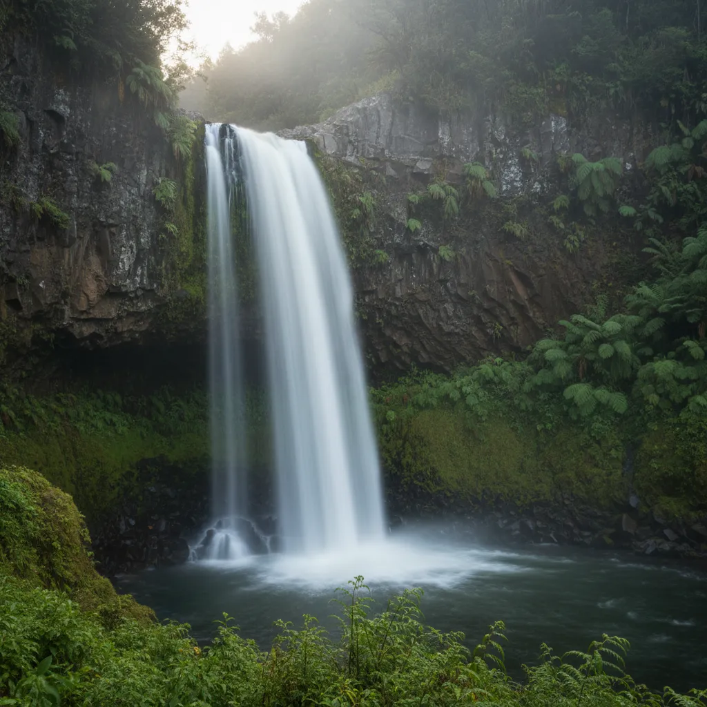 The spectacular Tarawera Falls emerging from the cliff face