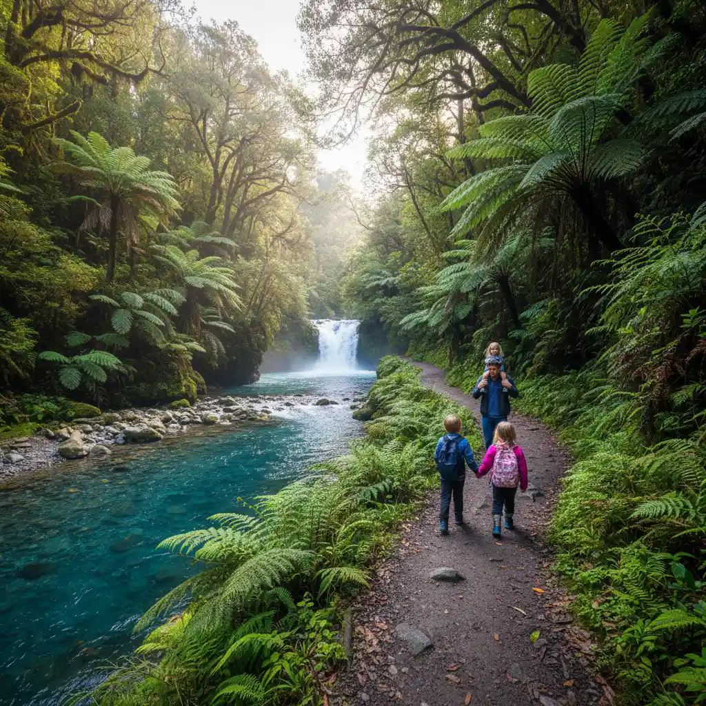 Family walking on the Tarawera Falls track near the river