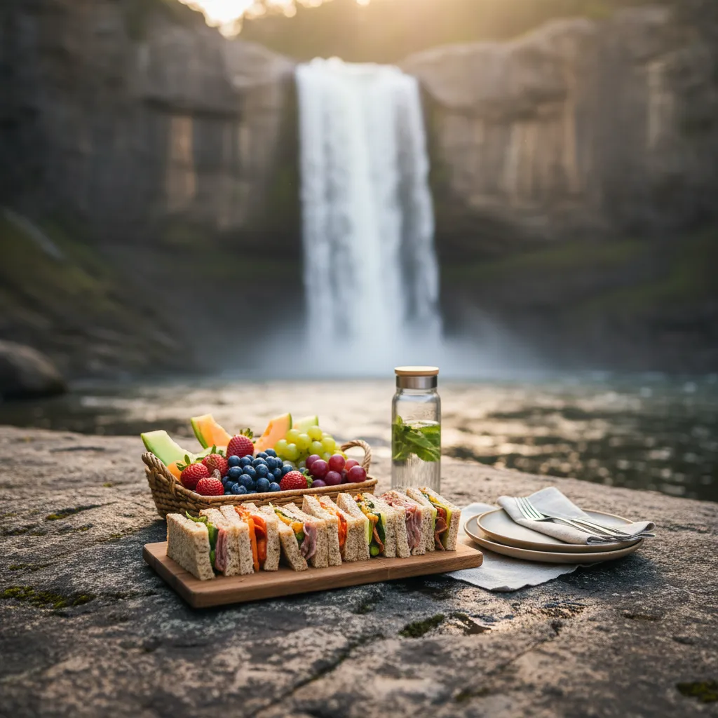 Gourmet picnic setup on rocks near Tarawera Falls
