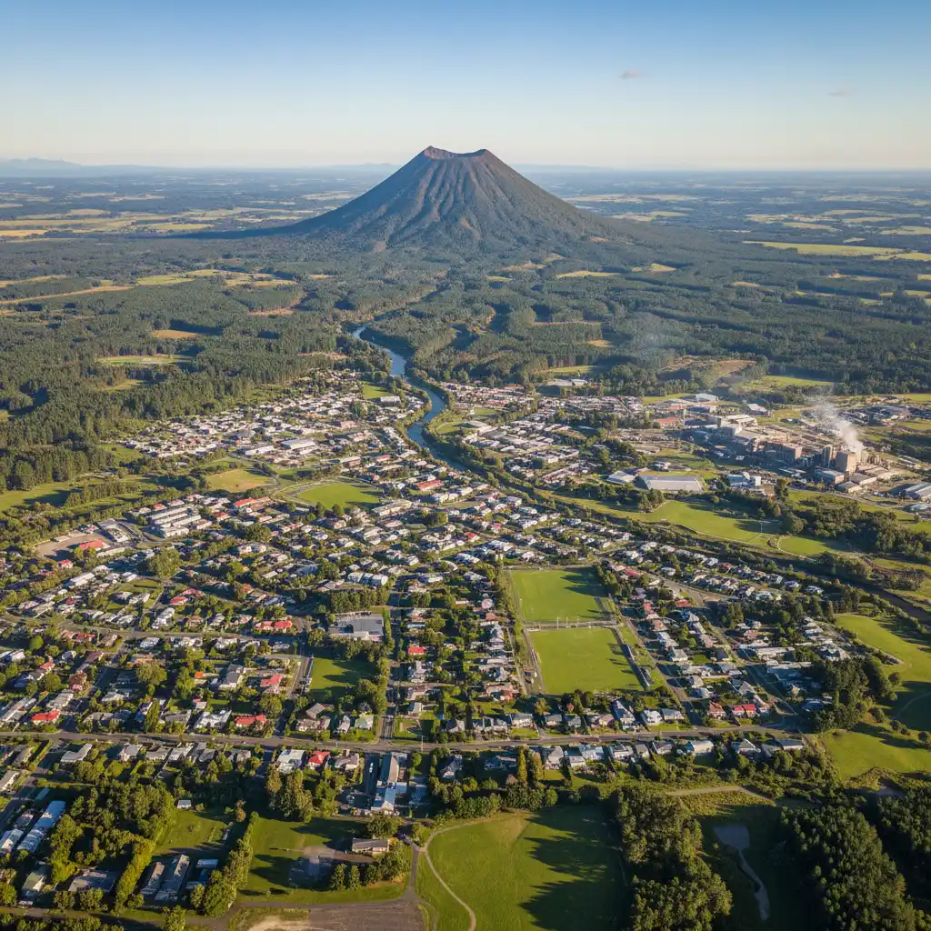 Aerial view of Kawerau township and Mount Putauaki