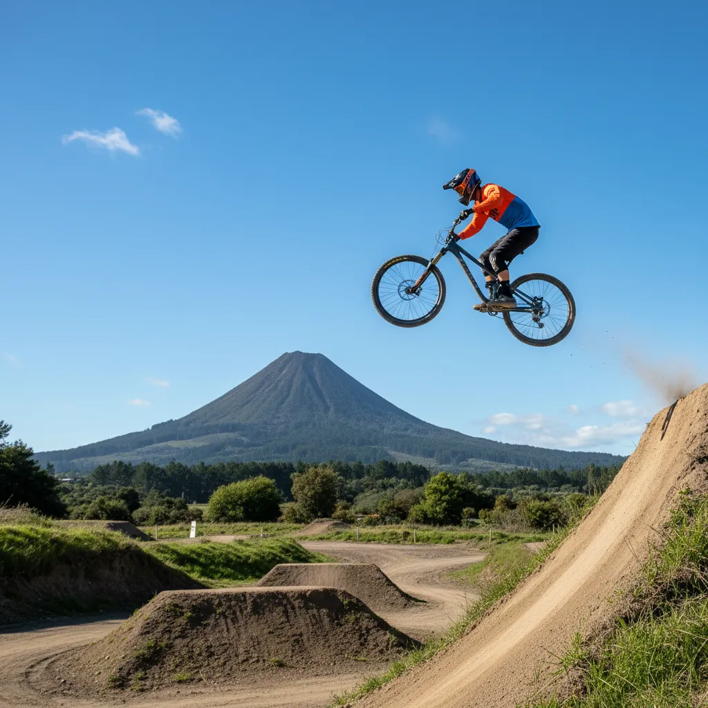 Mountain biker performing a jump with Mount Putauaki in the background at Kawerau Gravity Park