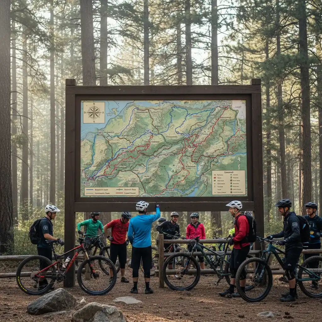 Kawerau Gravity Park trail map signage and riders preparing for ascent