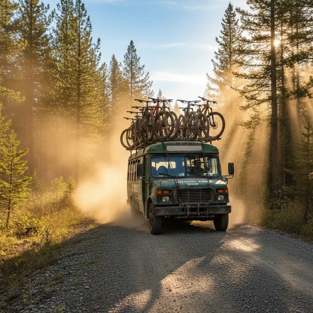 Shuttle bus transporting mountain bikes up the forestry road at Kawerau
