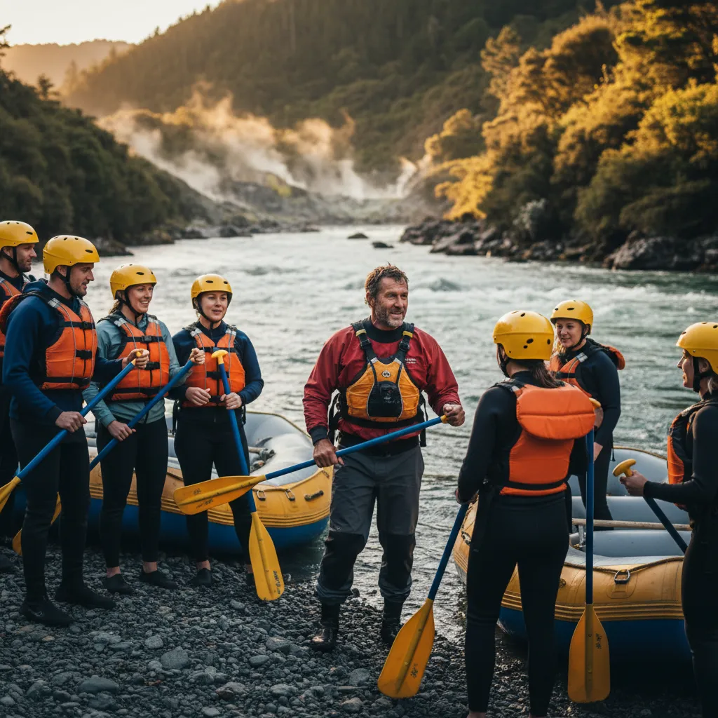 Rafting guide providing safety instructions to a group