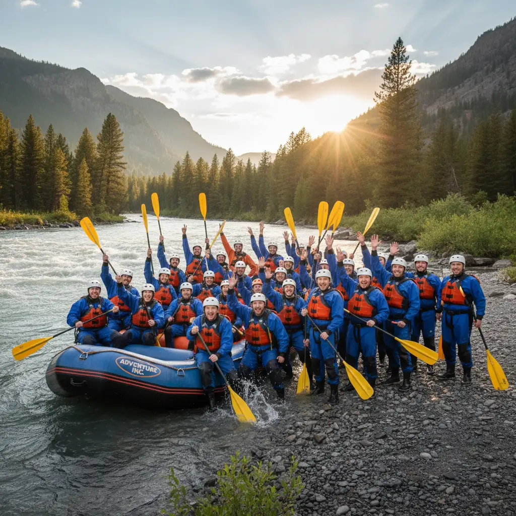 Corporate team building rafting group celebrating