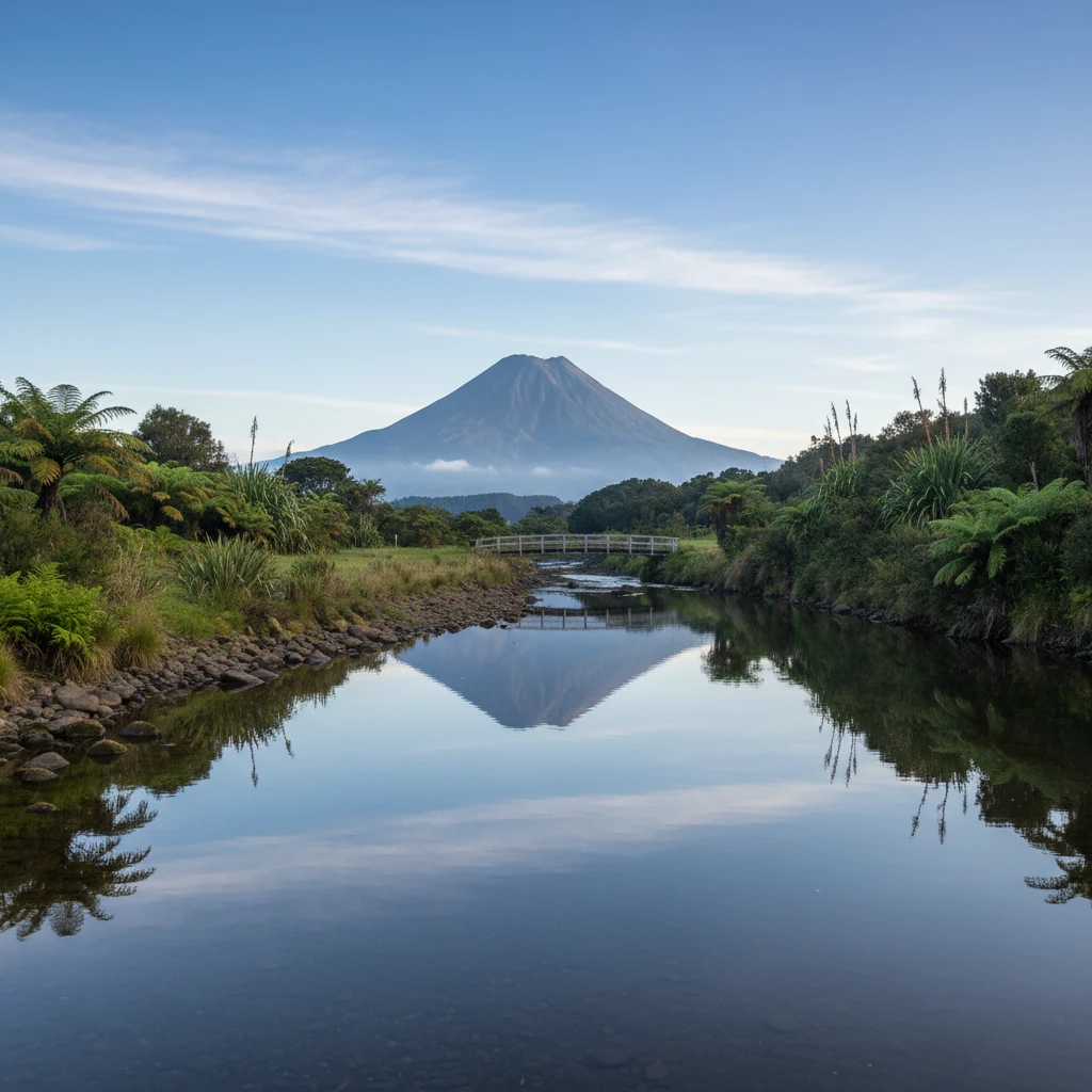 Scenic view of Tarawera River and Mt Putauaki