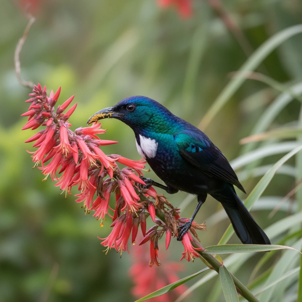 Tui bird feeding on nectar