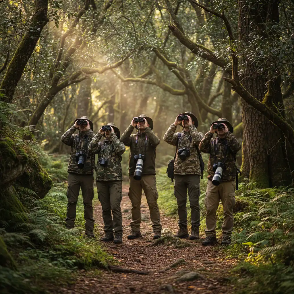 Bird watchers exploring Tarawera Forest