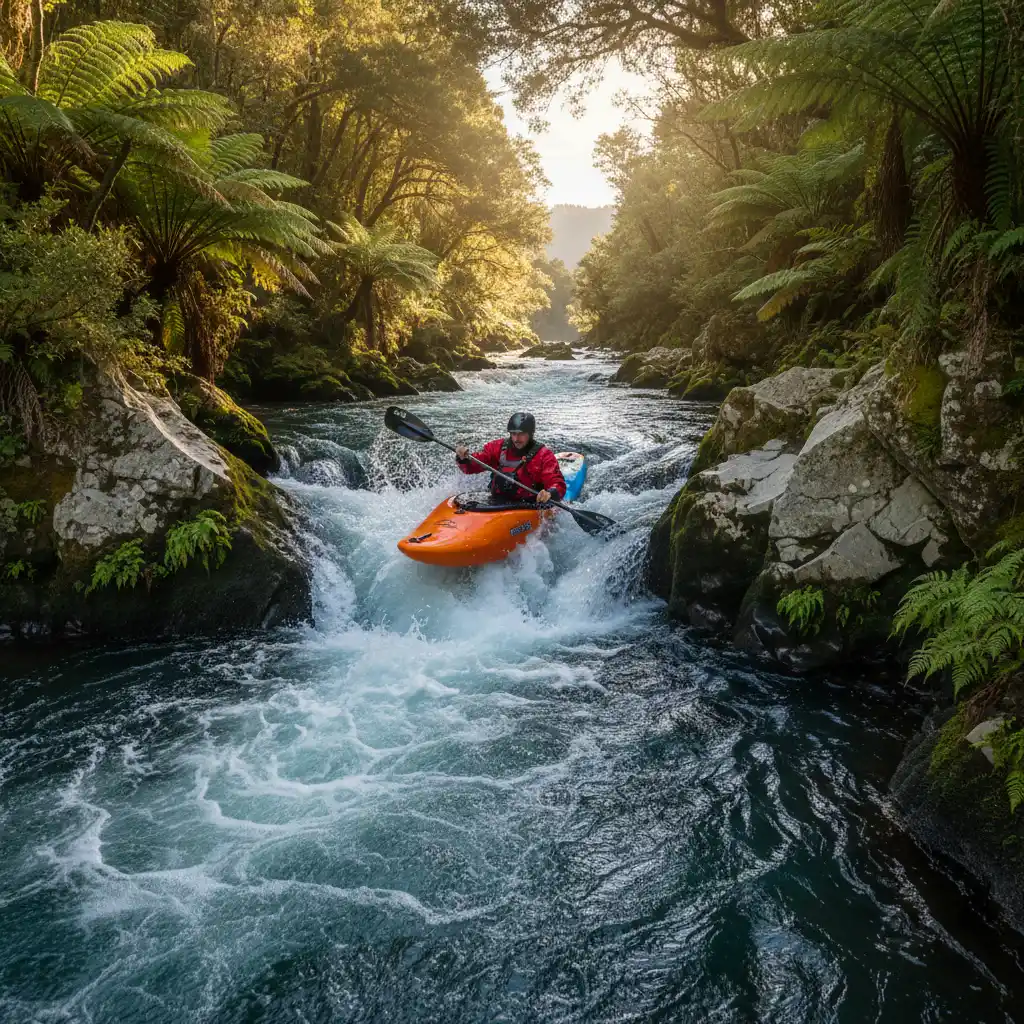 Kayaking on the Tarawera River practicing eco-friendly water safety