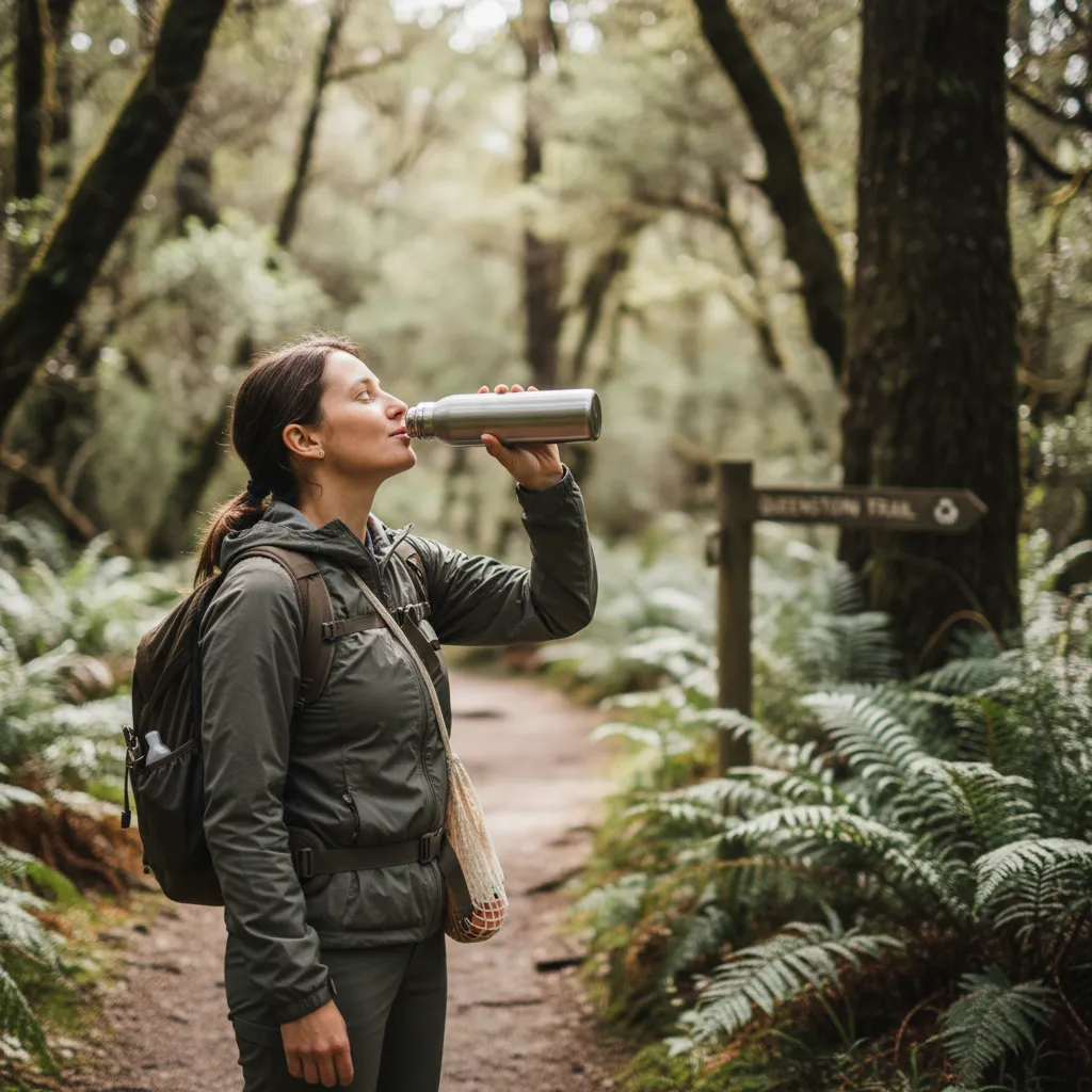 Traveler using reusable water bottle to reduce plastic waste