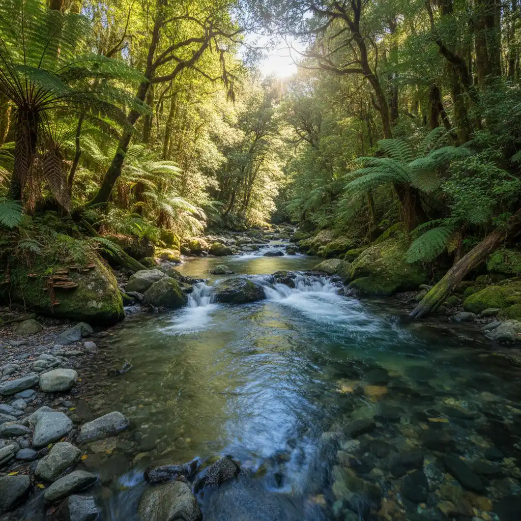 Pristine clear waters of the upper Tarawera River flowing through native bush