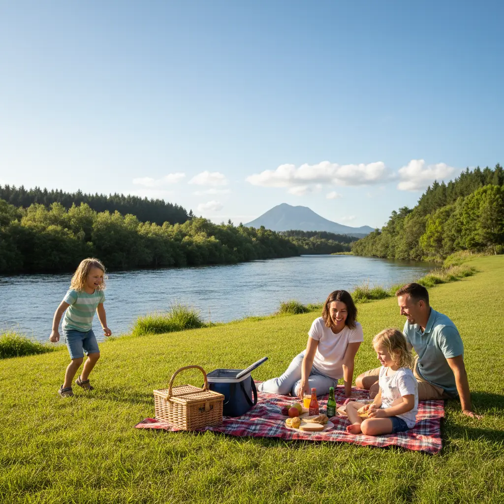 Families enjoying a summer picnic at Firmin Field beside the Tarawera River