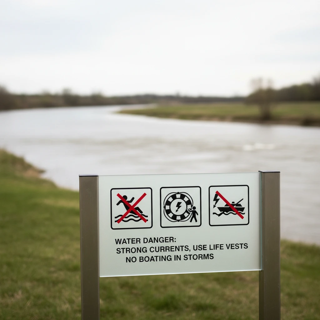 Water safety signage near the river bank indicating swimming conditions