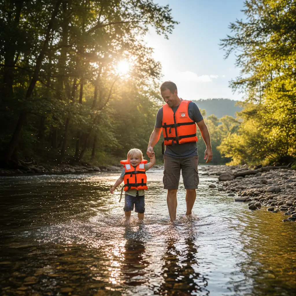 Parent teaching child river safety skills in shallow water