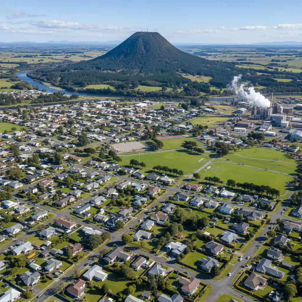 Aerial view of Kawerau residential areas and Mount Putauaki