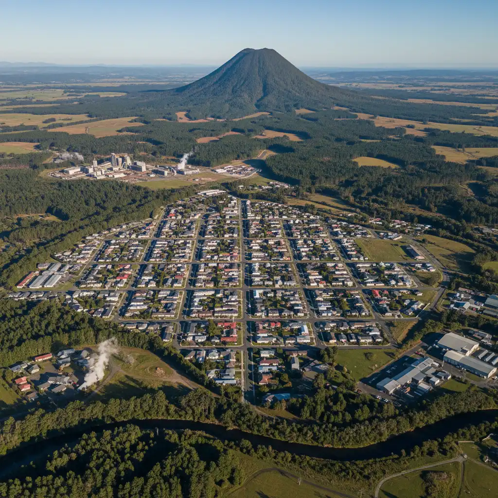 Aerial view of Kawerau township and Mount Putauaki