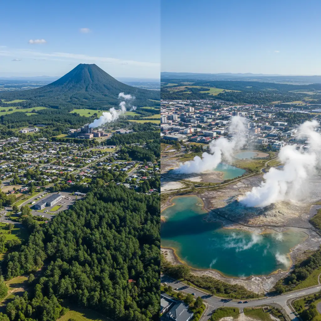 Aerial comparison of Kawerau landscape versus Rotorua city layout