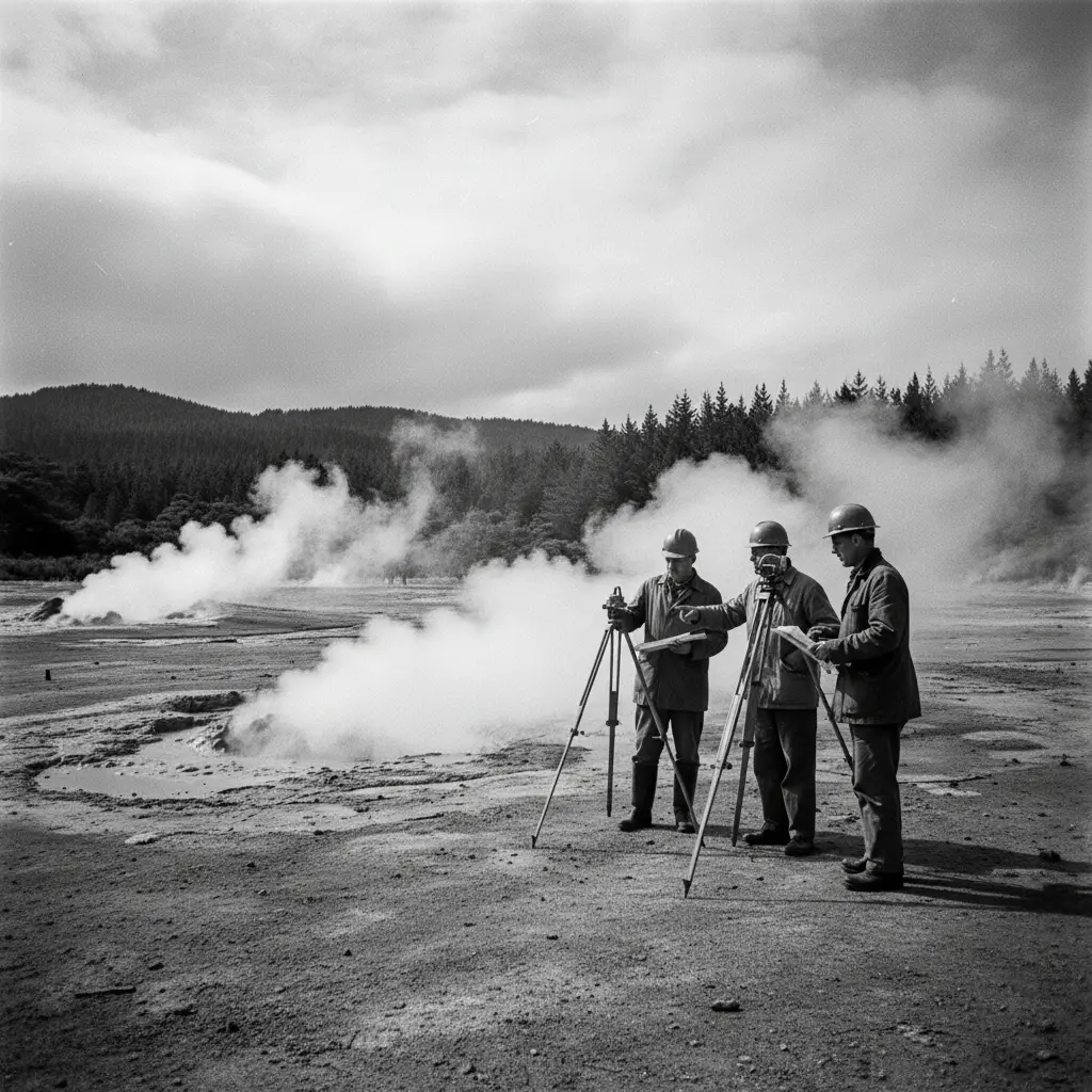 Early 1950s surveyors assessing the Kawerau site for mill construction