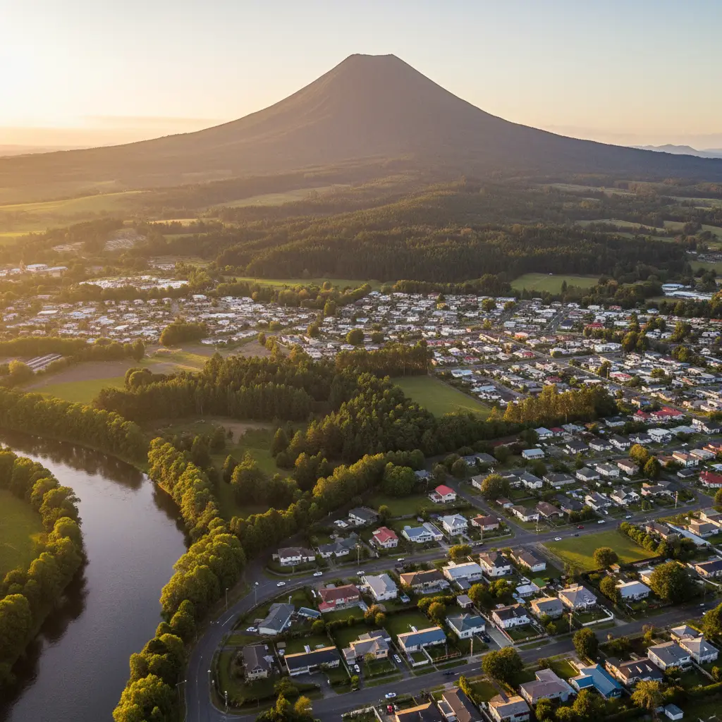 Aerial view of Kawerau residential area with Mount Putauaki