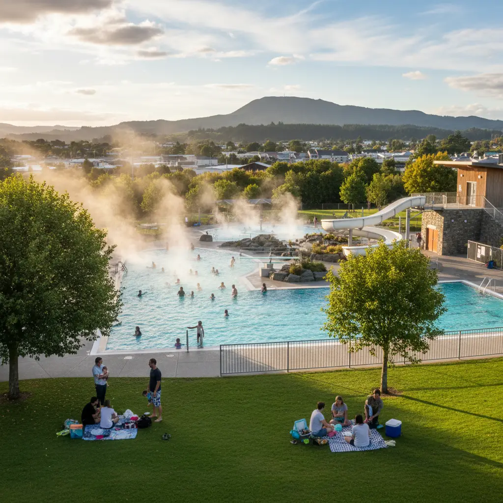 Families swimming at the free heated Maurie Kjar Memorial Swimming Pool