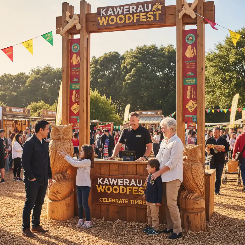 Families buying woodfest kawerau tickets at the park entrance