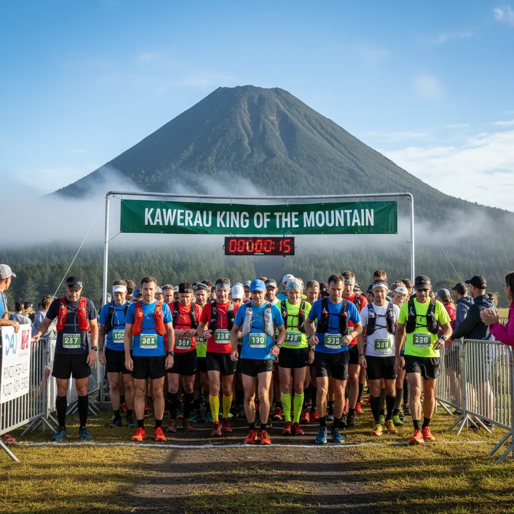 Runners lining up for the Kawerau King of the Mountain with Mount Putauaki in the background