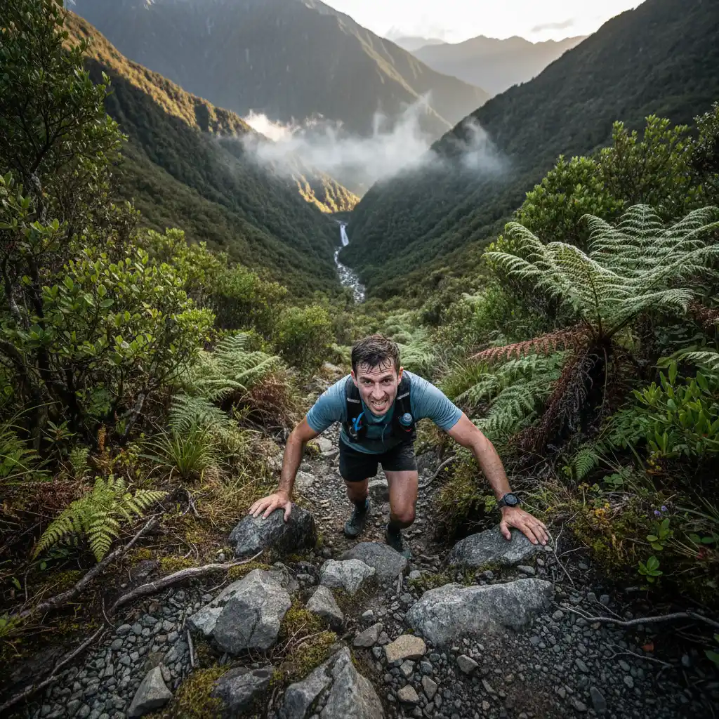 Runner scrambling up the steep technical section of the Kawerau King of the Mountain course