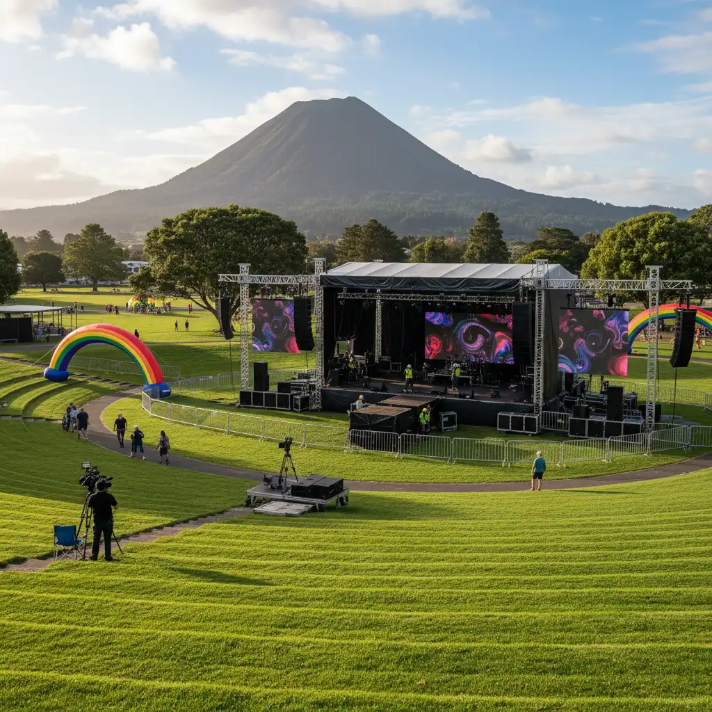 Prideaux Park Kawerau event setup with mountain backdrop