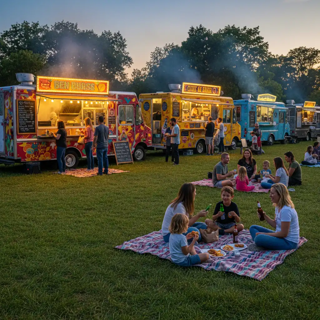 Food trucks and families dining at Kawerau Christmas event