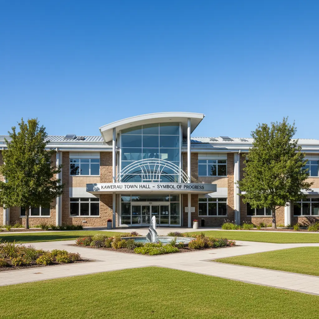 Exterior view of the Kawerau Town Hall showing the entrance and surrounding landscape