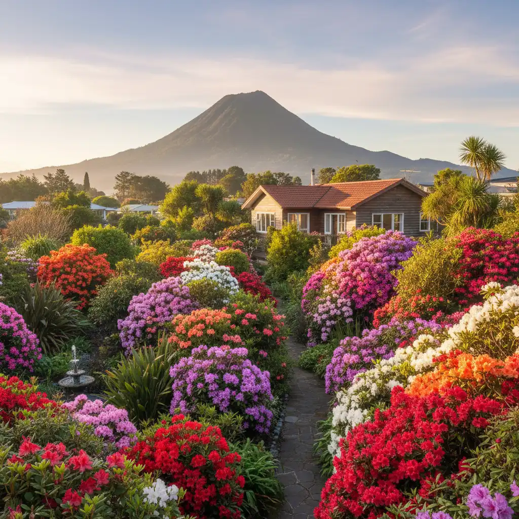 Scenic view of a Kawerau garden with Mount Putauaki in the distance