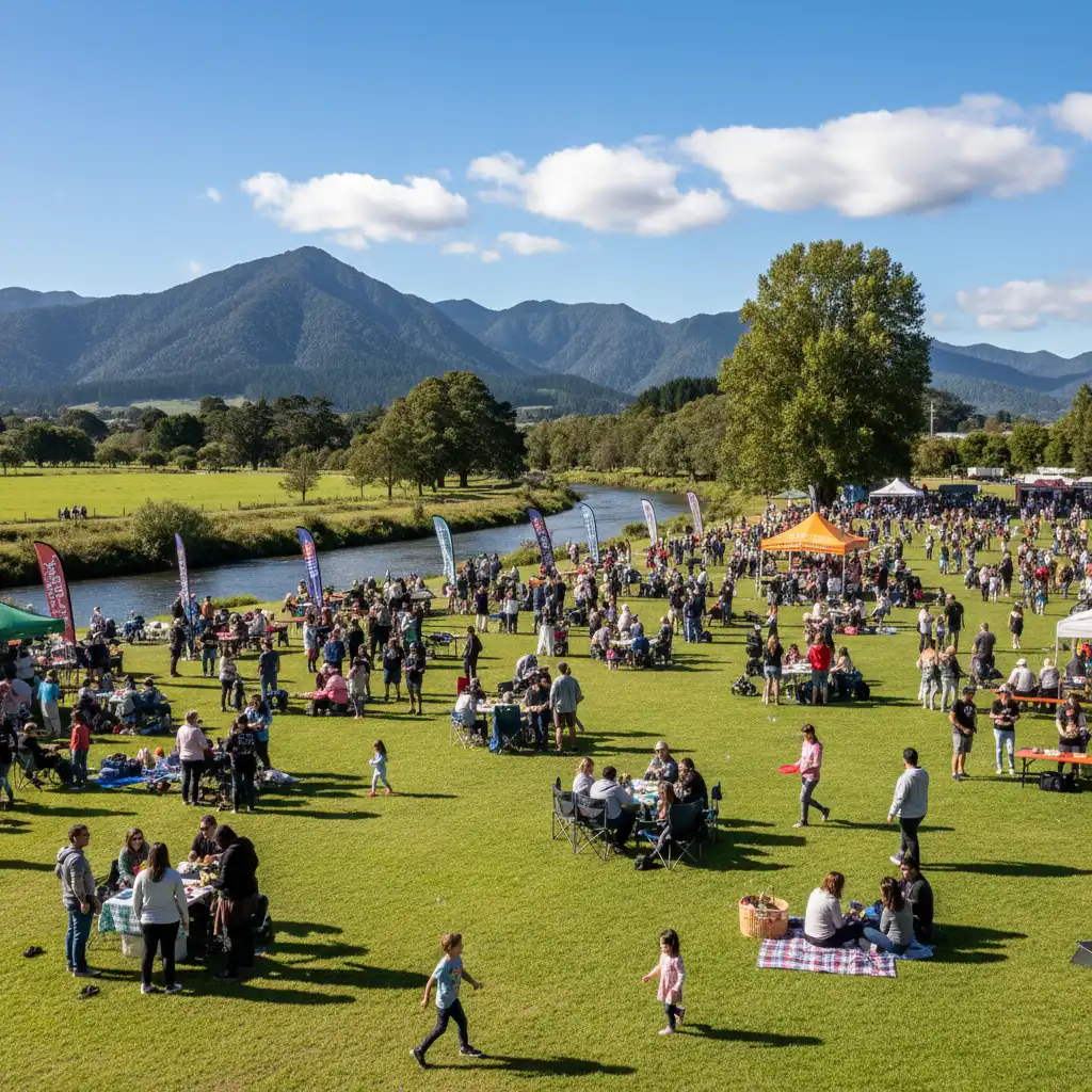 Visitors enjoying a picnic by the Tarawera River during the festival