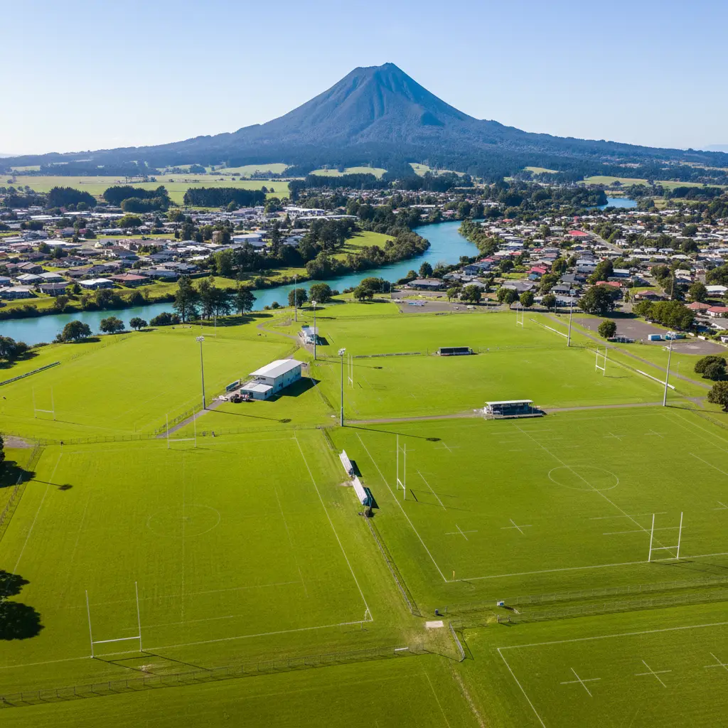 Aerial view of Firmin Field Kawerau with Mt Edgecumbe in the background