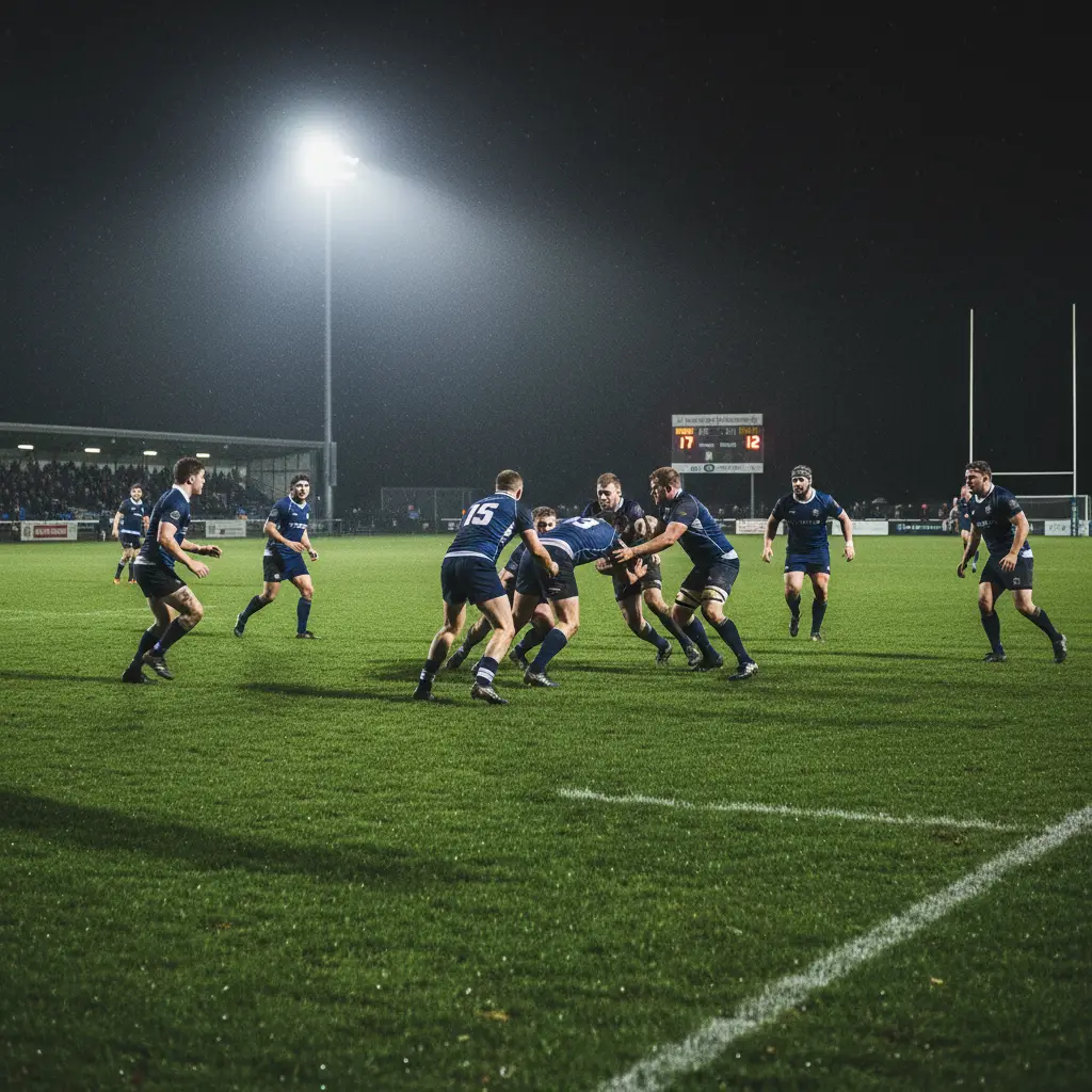Night rugby match under floodlights at Firmin Field Kawerau