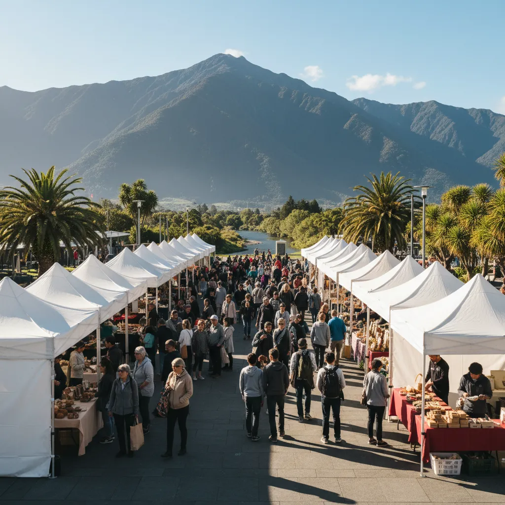 Bustling Kawerau Arts and Crafts Market scene with Mount Putauaki in the background