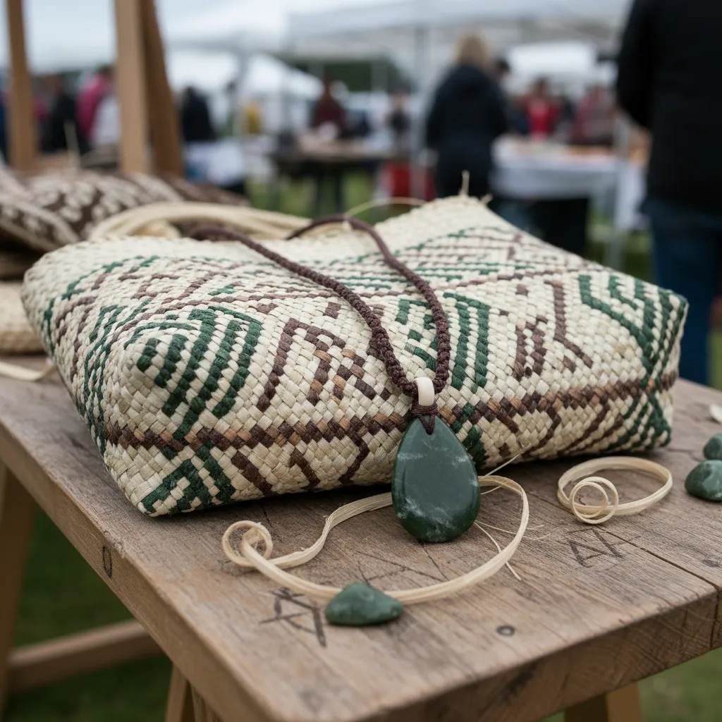 Traditional Maori weaving and Pounamu jewelry on display
