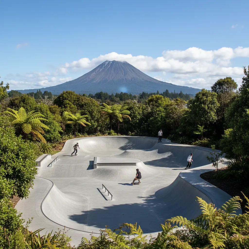 Scenic view of Waterhouse Street Skatepark with Mount Putauaki in the background
