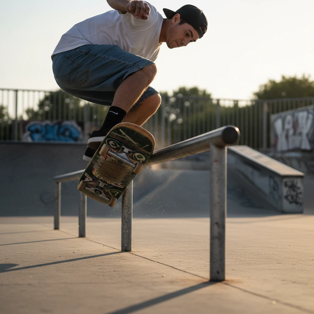 Skateboarder performing a trick on the rail at Waterhouse Street Skatepark