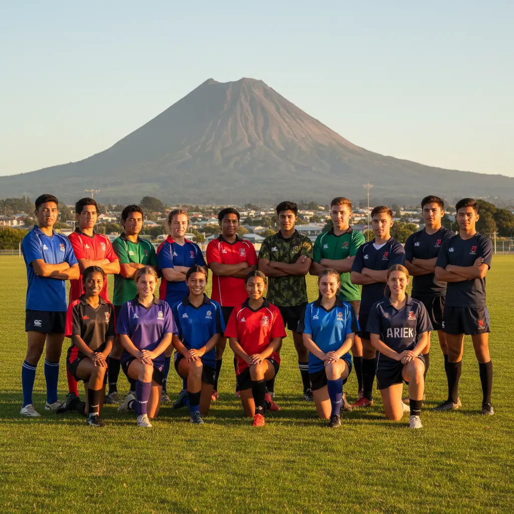 Youth athletes representing various Kawerau sports clubs with Mount Putauaki in the background