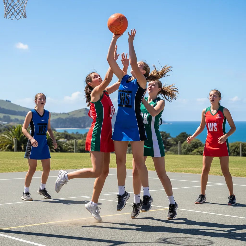 Teenage netball match in action at Kawerau Netball Centre