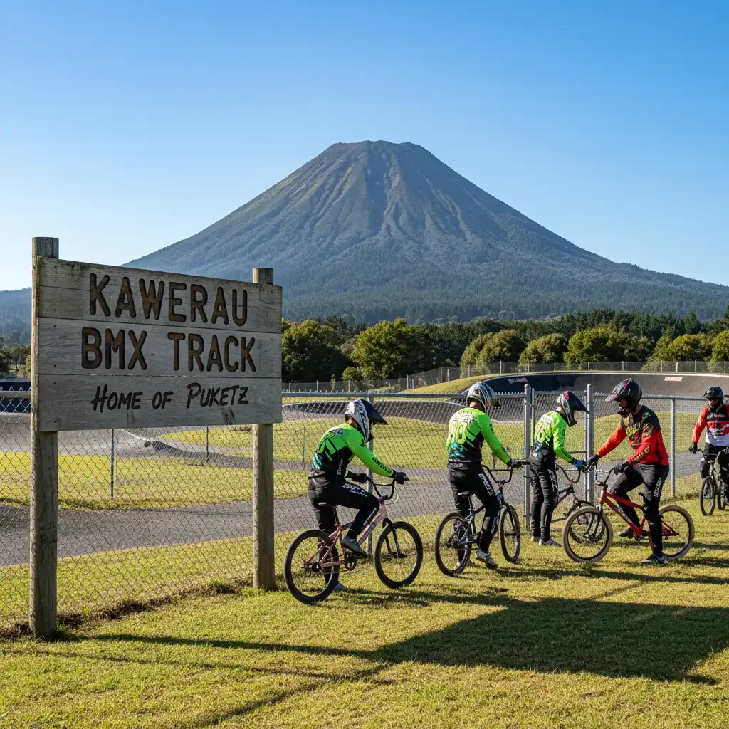 Kawerau BMX Track entrance with Mt Putauaki backdrop
