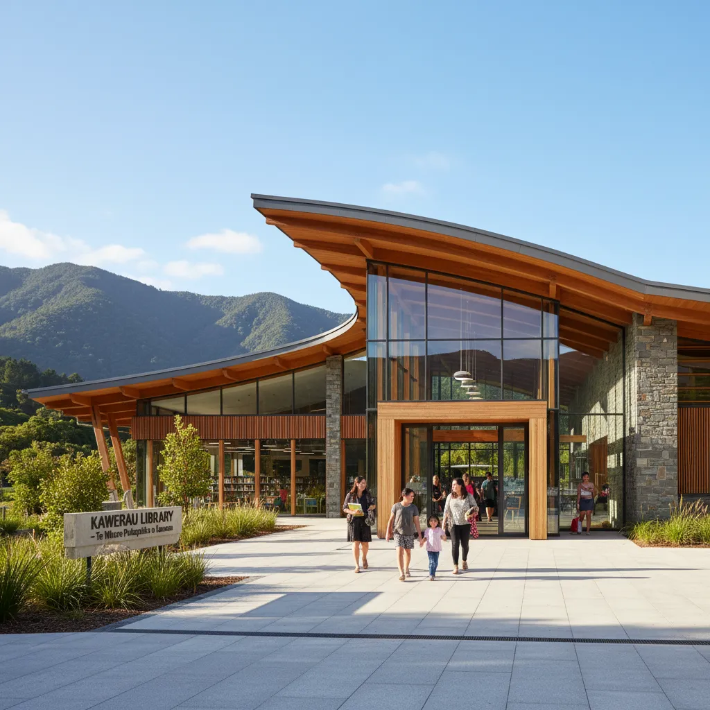 Kawerau District Library exterior view with families entering
